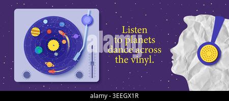 Gramophone with blue vinyl record with cosmic science and silhouette of a girl head cut out of white crumpled paper and papercut headphones on starry Stock Vector