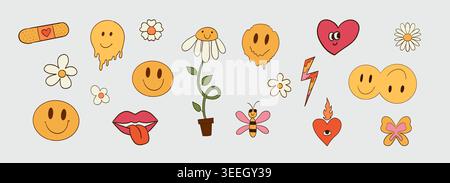 Groovy retro sticker set. Cute daisy, smiley faces, funky heart and lighting bolt. Label stickers y2k vintage 70-s. Emoticon heart flower trendy elements. Vector illustration Stock Vector