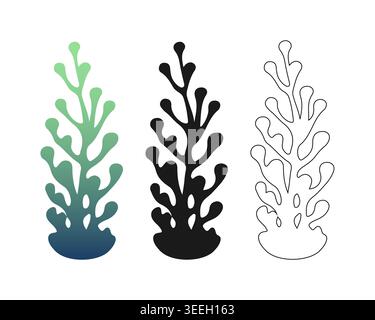Hand drawn doodle coral seaweed set with black silhouette, outline and green-blue gradient versions for marine branding, aquatic decor and textile des Stock Vector