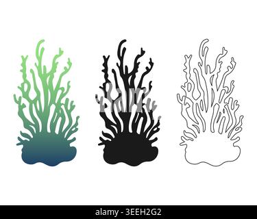 Hand drawn doodle coral bush silhouettes set with black icon, line art and emerald-teal gradient for boutique aquarium branding, coastal wallpaper, na Stock Vector