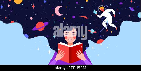 Book, Imagination, Dreams. Girl reading Stock Vector