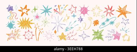 Hand drawn colorful crayon star shapes, holiday firework. Vector doodle sparks, celebration explosion, childish chalk pencil design elements. Shooting comets, sketch sparkle icons in grunge texture Stock Vector
