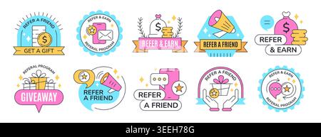 Refer a friend set of outline badges with megaphone, gift boxes. Employee referral program stickers with loudspeakers, coin icons. Marketing design labels for business network, promotional advertising Stock Vector
