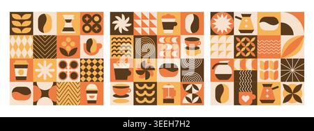 Abstract geometric design poster with coffee beans, hot drink, beverage cup, leaves and bauhaus modern elements. Vector minimalist seamless pattern background template for cafe menu, food package Stock Vector