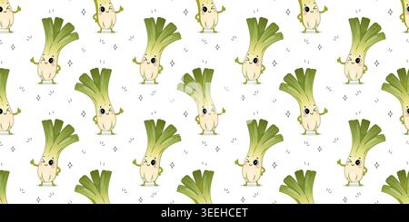 Cute kawaii leek seamless pattern with funny healthy food cartoon characters. Stock Vector