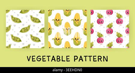 Cute kawaii vegetable seamless patterns with peas corn and radish in funny healthy food cartoon style. Stock Vector