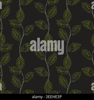 dark botanical pattern with textured green leaves on black background for elegant textile design and luxury home wallpaper. Vector illustration Stock Vector