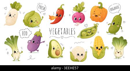 Cute kawaii vegetable characters collection with healthy food cartoons including pepper corn avocado cabbage and radish. Stock Vector
