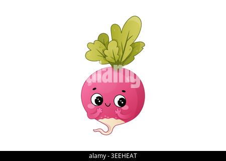 Cute kawaii radish character with smiling face in funny healthy food cartoon style. Stock Vector