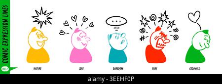 Comic character face expression set with doodle style figures and simple line effects in bright colors. Comic character expressions with line details Stock Vector