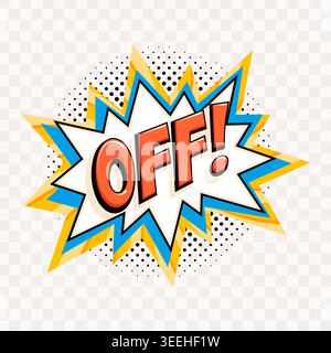 Comic style off starburst badge with bold red lettering, layered blue and yellow burst shapes and halftone dots, sale offer sticker in retro pop art Stock Vector
