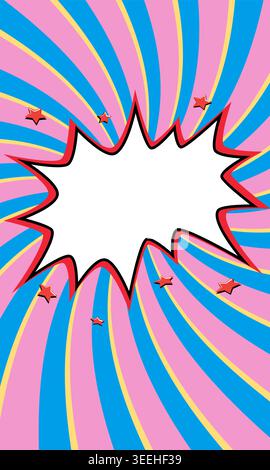 starburst banner with jagged copy space on pink and blue spiral background with scattered stars. Vibrant retro vector background for promo posters Stock Vector