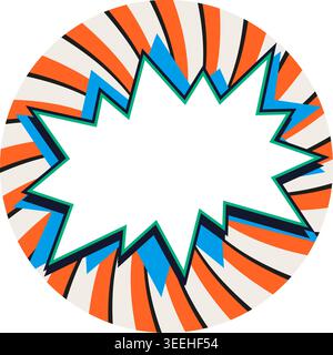 Circle sticker comic starburst with jagged text box and layered outline on orange and beige radial rays. Comic sticker with blue and green accent Stock Vector