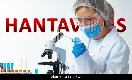 Research on hantavirus in a lab setting with a scientist examining samples under a microscope Stock Photo