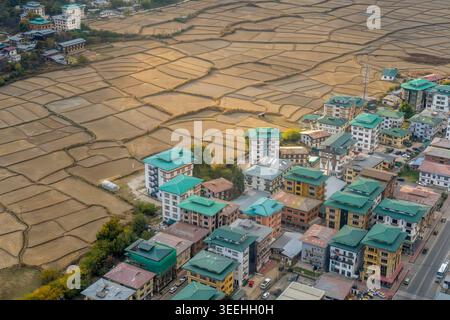Aerial view of traditional buildings with green roofs bordering vast terraced agricultural fields under warm sunlight in Paro, Paro, Bhutan. Stock Photo
