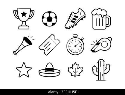 Vector set of soccer linear black and white icons for 2026 football championship. Editable vector graphic. Stock Vector
