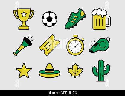 Vector set of soccer symbols and icons for 2026 football championship. Editable vector graphic. Stock Vector
