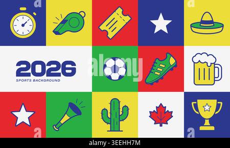 Football world championship 2026 sports background with simple soccer icons and symbols, editable vector graphic. Stock Vector