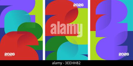 Vector set of abstract sports backgrounds with 2026 geometric numbers. Minimalist flat design poster templates for sport events promotion. Stock Vector