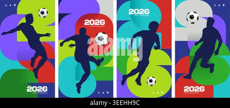 Set of soccer football 2026 sports backgrounds with player silhouettes and abstract geometric shapes. Editable vector graphics.. Stock Vector