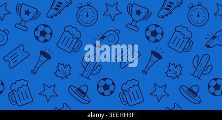 Vector seamless pattern with soccer linear icons for 2026 football global tournament. Stock Vector