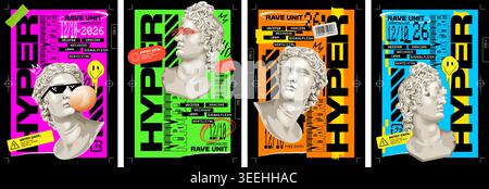 A set of four vibrant event posters in brutalist style. Features collage elements, antique sculptures with glitch effects, bold typography and acid colors for rave, techno party or exhibition. Stock Vector