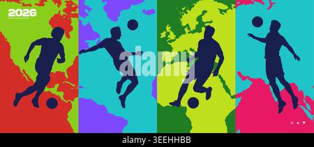 Soccer players vector silhouettes on multicolor world map background. Global football events promotion design. Stock Vector