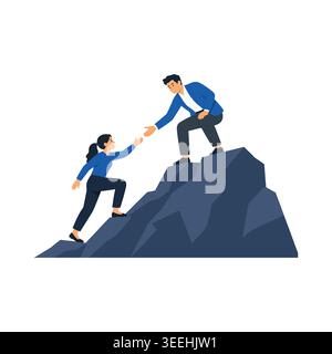 Professional male leader reaching out to help female employee climb a steep rock. Concept of mentorship, teamwork, and overcoming career challenges. Stock Vector