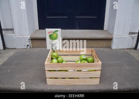 London, UK. 11th May 2026. A box of green Granny Smith apples, referencing The Beatles' Apple Corps logo, along with a QR code which links to a website about the planned museum, has been placed outside 3 Saville Row, the site of the band's last ever gig, which will be open to visitors in 2027. The Grade II listed building was The Beatles' headquarters from 1968 to 1972 and their final album, Let It Be, was recorded in the basement. The band famously played the show on the rooftop. Credit: Vuk Valcic/17�Թ����� Live News Stock Photo