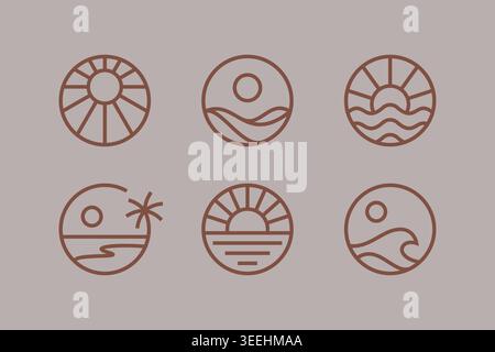 Minimalist Sun and Beach Line Art Logo Collection Stock Vector