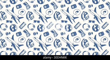 Travel pattern with airplane, luggage, globe, and ticket. Concept for tourism, adventure, vacation. Seamless illustration for wallpaper, textile in Stock Vector