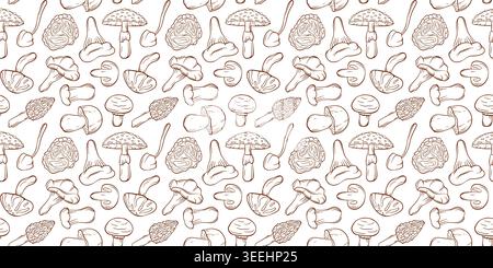 Seamless mushroom pattern with various fungi doodle style. Illustration for fabric print, textile, wrapping paper, children room wallpaper. Stock Vector