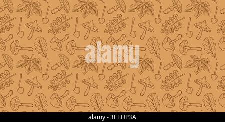 Inedible mushroom and leaf seamless pattern in line art style. Background for autumn, nature, season concept. Stock Vector