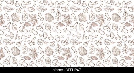 Seamless mushroom and leaf pattern in line art style. Autumn nature forest concept illustration for fabric, paper, wrap. Stock Vector