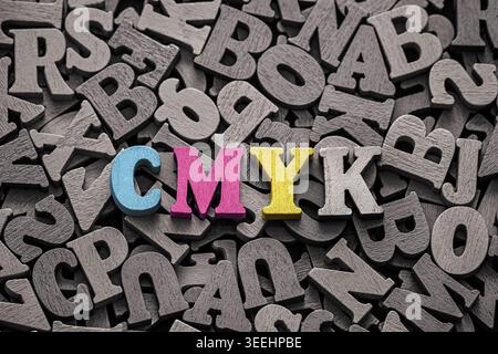 Inscription cmyk on pile of old vintage wooden letters. Stock Photo