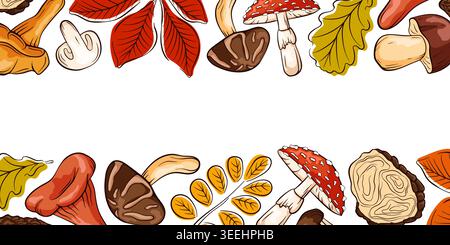 Autumn mushroom and leaf border illustration in cartoon style. Fall elements for greeting card, banner, poster, invitation. Horizontal seasonal design Stock Vector