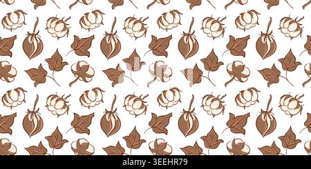 Seamless cotton plant pattern with flower, bud, and leaf. Natural organic product concept. Vector illustration for fabric, paper, package design in Stock Vector