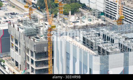 Aerial drone view of STT Bangkok 1 data center with cooling fans and HVAC systems, showing big data, cloud computing, AI infrastructure and modern dig Stock Photo