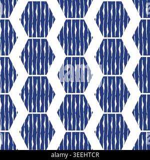 Abstract navy blue hexagon vertical stripe seamless vector pattern background. Regular geometric wavy stripes shapes on white backdrop. Modern organic Stock Vector