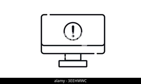 Computer system alert icon: desktop PC with exclamation mark on screen, minimalist black line art vector illustration for error and notification. Stock Vector