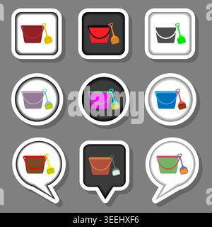 Illustration on theme set symbols for beautiful bucket spade, logo bucket spade consisting of design with elements mobile web apps, collection modern Stock Vector