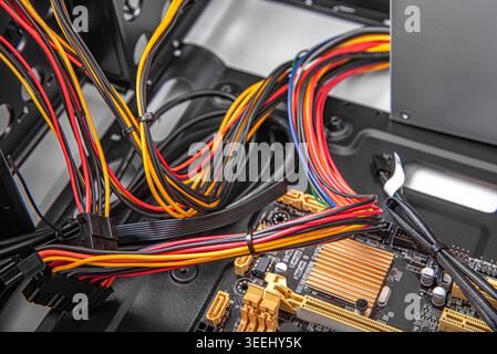 The intricate wiring and internal hardware components of a desktop computer. Stock Photo