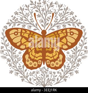Floral Butterfly Wreath – Orange Yellow Butterfly with Gray Flowers Stock Vector