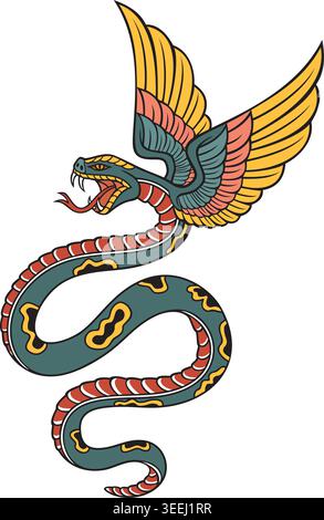 Winged Snake Tattoo – Flying Feathered Serpent in Bold Tattoo Style Stock Vector