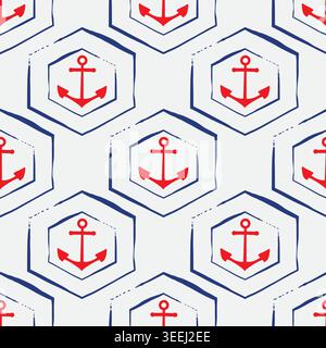 Vector navy blue hexagon and red anchors seamless vector pattern. Nautical themed sailing boat shapes. Organic hand drawn brushstrokes geometric Stock Vector