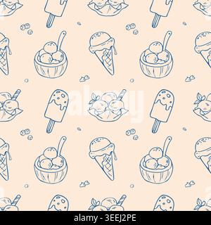 Cute Ice cream doodle seamless pattern with popsicles and cones Stock Vector