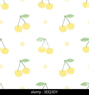 Seamless yellow cherry pattern with flowers in cute flat style Stock Vector