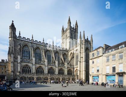 Bath Abbey, also known as Abbey Church of Saint Peter and Saint Paul, viewed from Kingston Parade, showing the south side of the abbey. Stock Photo