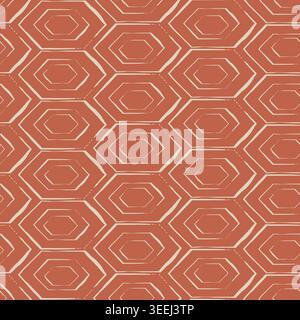 Orange and cream white seamless geometric hand drawn vector pattern background with concentric organic hexagon shapes. Tonal and textured Kilim Stock Vector