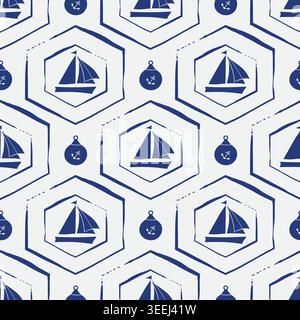 Vector navy blue hexagon seamless vector pattern background with sailing boats and buoys. Nautical themed shapes. Organic hand drawn brushstrokes Stock Vector